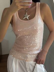 DAZY 女士亮片修身休闲日常上衣（夏季款） - 杏色 - 查看 4