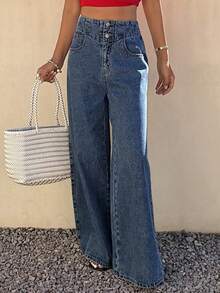 DAZY Women's Pocket Button Casual Versatile Daily Wear Wide Leg Jeans - Blue - View 4