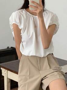 DAZY 女士纯色圆领休闲百搭日常衬衫 - 白色 - 查看 5