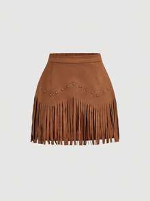 SHEIN MOD 女士复古嬉皮铆钉流苏棕色麂皮A字裙套装，秋季裙装，纳什维尔风格穿搭，海盗风半裙 - 棕色 - 查看 5