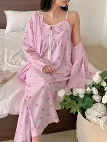 DAZY 3pcs/Set Sweet Cherry Striped Print Cardigan Top, Camisole And Pants Women Pajama Set - Pink - View 3