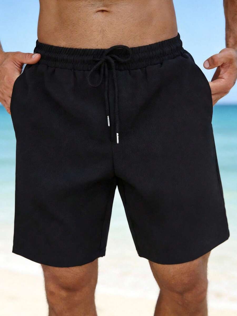 VIVINTIMO Men's Casual Plain Color Drawstring Shorts, Holiday - Black - View 1