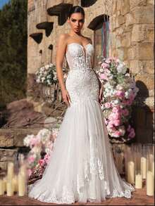 Glamrae 优雅奢华刺绣蕾丝贴花抹胸美人鱼式多层薄纱拖尾浪漫蕾丝贴花婚纱，适合婚礼、派对、蜜月、新娘礼服 - 白色 - 查看 6