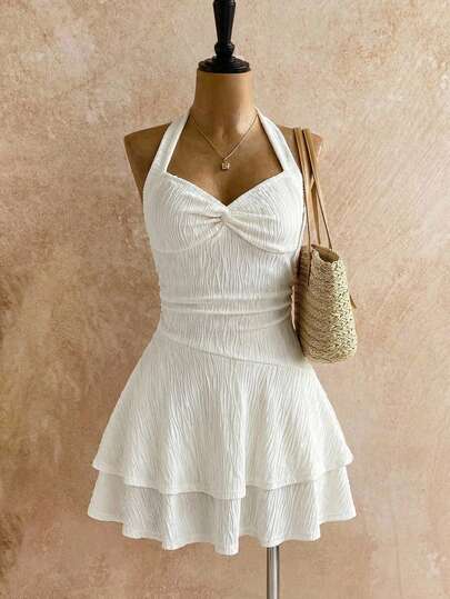 SHEIN Backless Apricot Mini Dress For Teen Girls, Tie-Up/Ruffle Hem, Double Layer Design, Suitable For Party, Date, Valentine's Day, Vacation, Beach