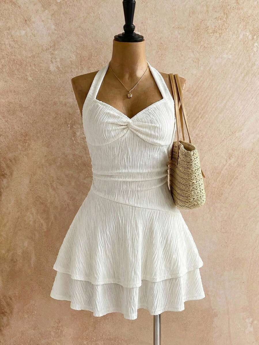 SHEIN Đầm ngắn màu mơ hở lưng dành cho thiếu nữ, kiểu buộc dây/xếp bèo ở gấu, thiết kế hai lớp, thích hợp cho tiệc tùng, hẹn hò, ngày Valentine, kỳ nghỉ, đi biển. - Màu be - Xem 1