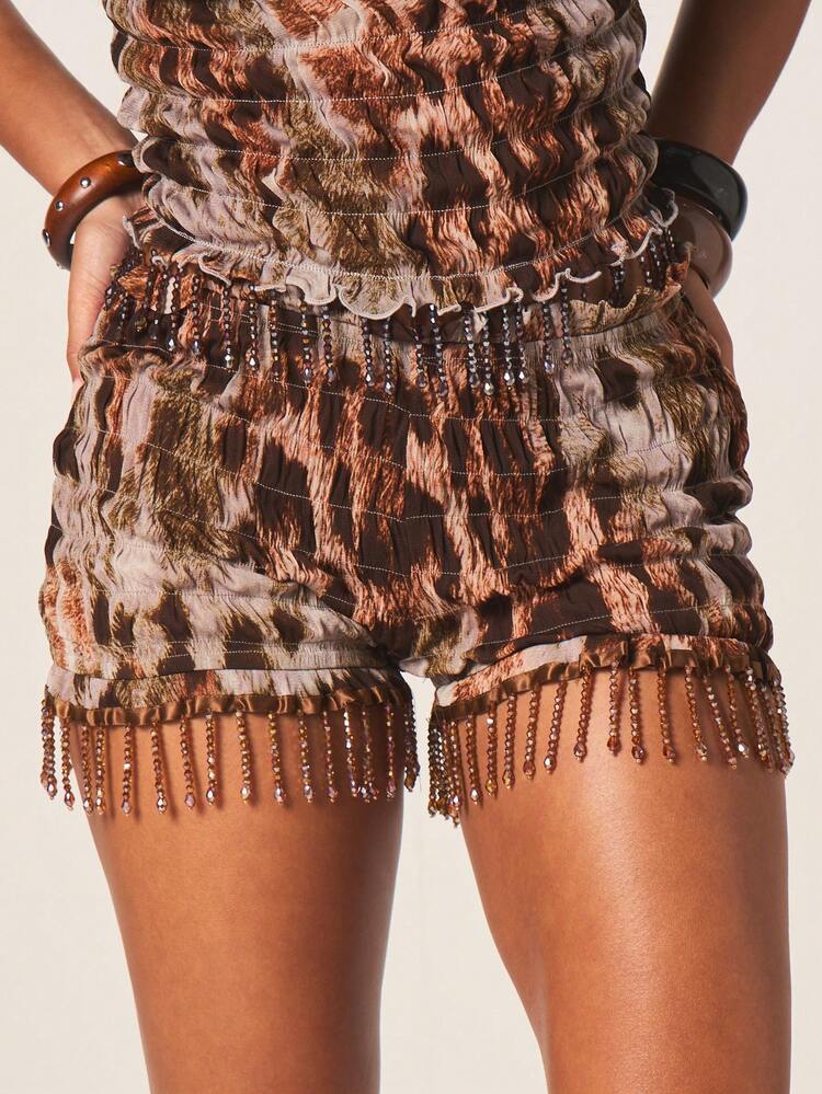 MISSGUIDED Shorts Estampados de Animal com Bainha Franzida e Franja de Contas, Cintura Elástica, Shorts Casuais de Praia Boho para Férias e Festivais de Verão