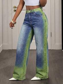 Slaydiva 夏季女士派对休闲夏季度假装扮，女士休闲宽松撞色水洗斜插口袋阔腿蓝色牛仔裤 - 藍色 - 查看 4