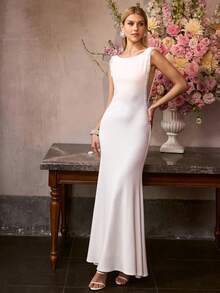 MOTF Soiréza ĐẦM DỰ TIỆC TRẮNG THANH LỊCH DÀNH CHO NỮ | KHÔNG TAY, CỔ TRÒN & LƯNG CHỮ V SÂU, ĐÍNH KÈM NGỌC TRAI GIẢ & ĐÁ LẤP LÁNH, ĐẦM DÀI KIỂU NÀNG TIÊN CÁ, KIỂU DÁNG ÔM SÁT THÍCH HỢP CHO CÁC SỰ KIỆN BUỔI TỐI & LỄ ĐÊM GIAO THỪA - trắng - Xem 8