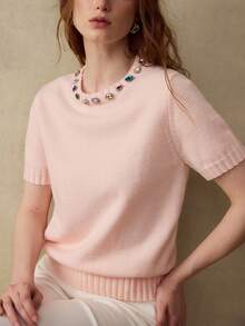 MOTF PREMIUM WOMEN'S RHINESTONE EMBELLISHED SHORT SLEEVE KNIT TOP - Pink - View 7