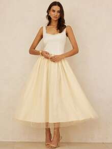 BELROSIE Vestido elegante y grácil de estilo retro francés para mujer, con parches de satén lujoso y malla, cuello alto, diseño con abertura en la cintura, sin mangas, adecuado para citas, fiestas y bodas - Albaricoque - Ver 2