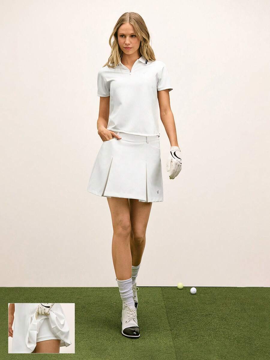 GLOWMODE Silky-Smooth Cool Feel UPF 50+ Sunproof Sweat-Wicking Quick-Dry Built-In Shorts Side Zipper Pockets Back Loop Pleated Back Design Mini Golf Skirt Golf Tennis Pickleball Daily Casual Wear - White - View 1