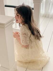 DAZY Young Girl Round Neck Lace Fashionable Chic Party Dress - Apricot - View 3