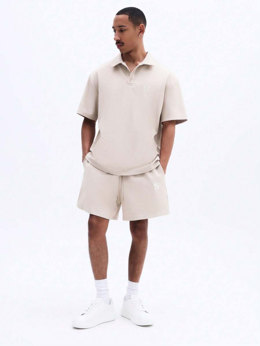 SUMWON Men's Relaxed Fit Polo And Drawstring Shorts Co Ord Set With Chest Logo Casual Summer Matching Two Piece - Apricot - View 1