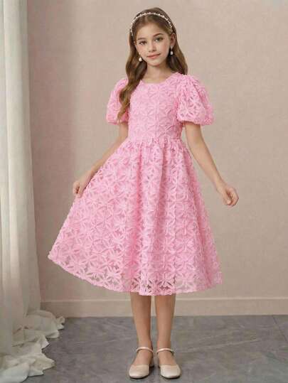 Pitira Tween Girls Elegant Luxury Cute Puff Sleeve 3D Floral Party Dress, Suitable For Attending Balls, Weddings, Parties, Events