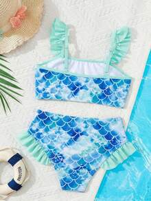 SHEIN 少女情人节度假休闲沙滩美人鱼鳞片印花泳装套装 - 藍色 - 查看 2