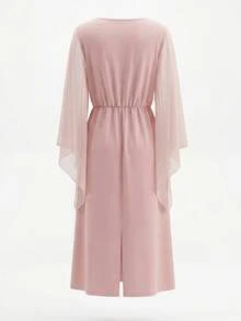 Lyxana 优雅都市时尚新款女士春夏粉色雪纺袖收腰中长连衣裙，适合日常穿着、婚礼、晚宴、通勤、毕业派对、节日、假期、约会、聚会、万圣节、圣诞节、新年、感恩节、婚礼等场合。 - 粉色 - 查看 2