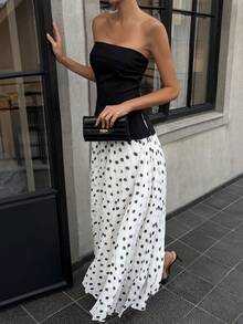 Livesso 春夏黑色波点印花无袖露脐上衣和A字裙两件套，优雅百搭，适合约会、婚礼、休闲、海滩、通勤等场合。 - 黑色 - 查看 8