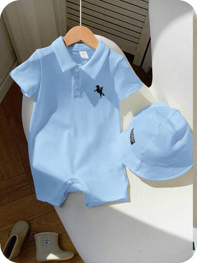 SHEIN Set de 2 piezas de pelele y sombrero de sol con estampado de caballo colegial cómodo y casual para bebé recién nacido niño/niña, adecuado para interior, exterior, diario, deportes, juego, fiesta, sesión de fotos, vacaciones, primavera/verano