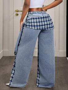Slaydiva 女士格子休闲百搭日常穿搭阔腿牛仔裤 - 中等水洗藍 - 查看 2