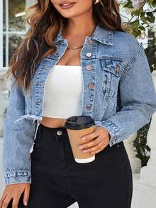 Slaydiva Plus Size Women Long Sleeve Single-Breasted Frayed Hem Casual Denim Jacket - Blue - View 5