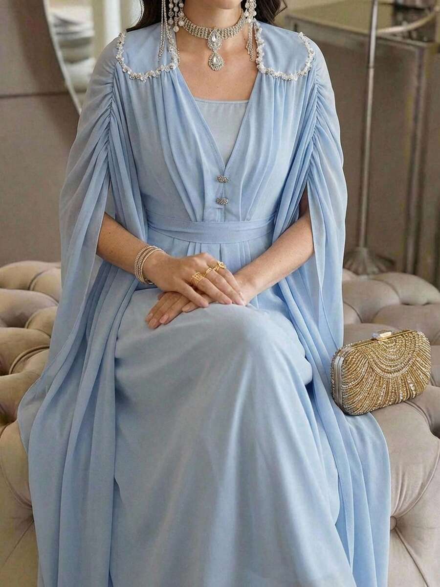 Al Najma 女士纯色蝙蝠袖纽扣设计优雅阿拉伯连衣裙 - 藍色 - 查看 1