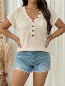 EMERY ROSE Deep V-Neck Button Casual Short Sleeve Top - Apricot - View 5