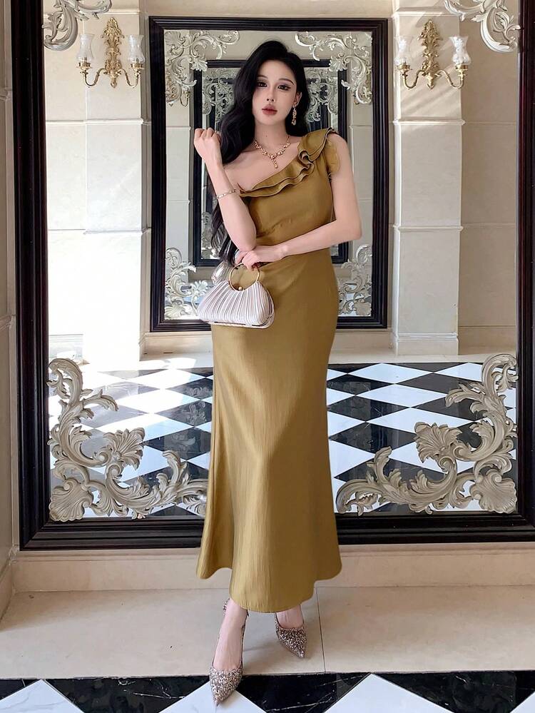 Women's Elegant Oblique Shoulder Ruffle Hem Bodycon Dress, Suitable For Spring/Summer, Weddings, Parties, Formal Events, Fashion Cocktail Gown