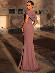 Aureia Women's Elegant Gray-Pink Chiffon Fabric Round Neck Sheer Long Sleeve Ruched Sequin Applique Micro-Mermaid Hem Dress, Suitable For Mother Of The Bride Weddings, Events, Parties, Formal Occasions Mauve Formal Dress Evening Gown Mother Of Groom Dress Mother Of The Bride Dresses Elegant Dress Dress Elegant Evening Dress - Rust Brown - View 4