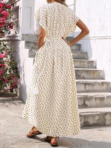 Breezaya 女士浪漫波点圆领立领半开襟插肩袖宽松A字长连衣裙，配腰带，优雅复古法式风格，适合办公室、通勤、商务、休闲、度假、下午茶、街头、极简主义、复古、澳式休闲、派对、波西米亚风等场合，春夏新品上市 - 杏色 - 查看 2