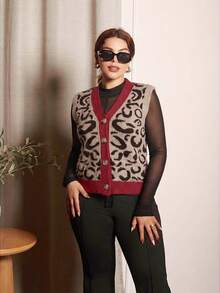 Lupita Cardoza 女式前扣V领无袖简约休闲豹纹毛衣背心秋冬 - 彩色 - 查看 5