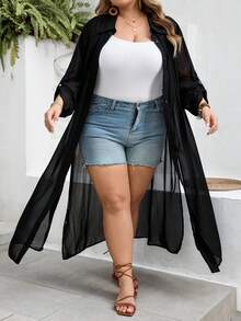SHEIN CURVE+ Curve 尺码 US22 音乐节、海滨度假、波西米亚风女士黑色长款开衫，纽扣开衫，黑色长款开衫，沙滩度假 - 黑色 - 查看 9