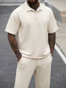 Manfinity Homme Men's Apricot Summer Casual Vacation Two Piece Set,Diamond Pattern Short Sleeve Polo Shirt And Drawstring Pants,Old Money Streetwear Co Ord Outfit - Apricot - View 7