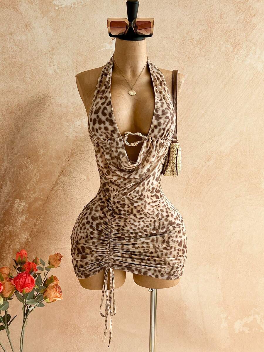 Soleia Women's Vacation Beach Leopard Print Backless Halter Mini Dress,Summer Dress,Vacation Dress,Summer Dresses For Women - Multicolor - View 1