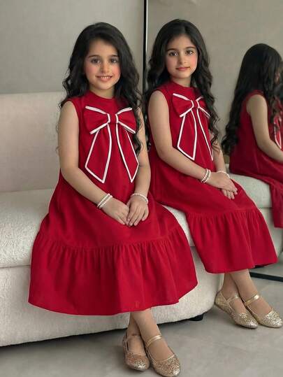 SHEIN 少女夏季时尚生日派对度假风荷叶边蝴蝶结装饰无袖荷叶边连衣裙