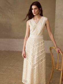 MOTF PREMIUM SUMMER CONTRAST LACE V-NECK DRESS, ELEGANT HIGH-END CINCHED WAIST LUXURY FASHION LACE DRESS FOR WOMEN - Apricot - View 5