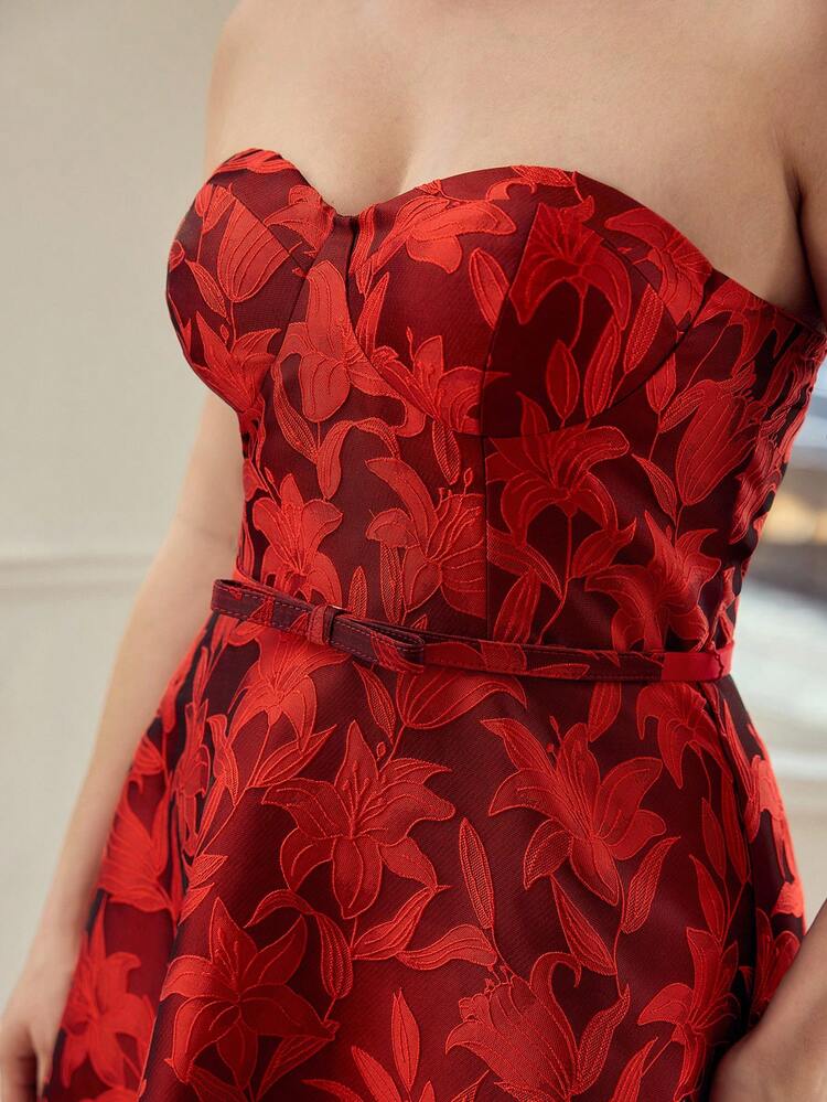 PLUS SIZE ELEGANT ROMANTIC JACQUARD STRAPLESS PRINCESS DRESS WITH BOW WAIST BELT