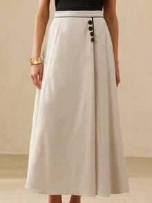 BELROSIE French Elegant & Luxurious Women's Asymmetric Hem Maxi Skirt With Contrast Color Trim And Buckle Decor - Multicolor - View 3
