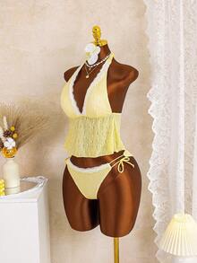 Swim Mod 女士沙滩音乐节春夏蕾丝荷叶边黄色侧系带裹身上衣可爱风格束腰套装 - 黃色 - 查看 4