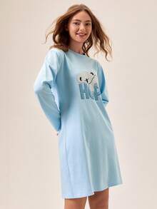 Loomlin Robe de nuit en coton à manches longues et col rond avec imprimé koala pour femmes, vêtement d'intérieur - Bleu azur - Voir 6