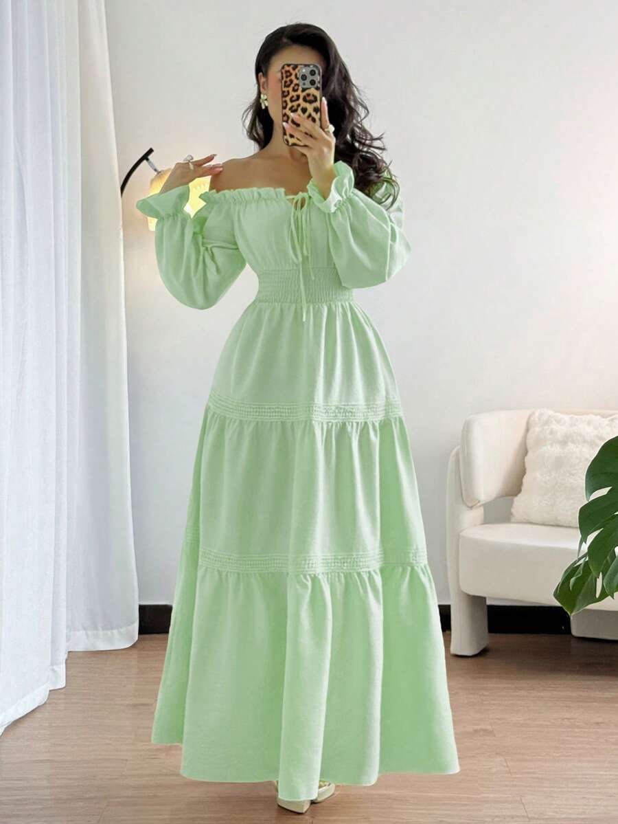 Elenzga 新款女士露肩泡泡袖前系蝴蝶结腰部荷叶边拼接A字连衣裙，休闲度假时尚青春日常百搭优雅长裙，适合春秋季穿着 - 薄荷綠 - 查看 1