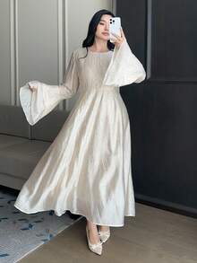 Dazy Plus Plus Size Women Round Neck Ruched Waist Elegant Party Dress Sundress - Apricot - View 5