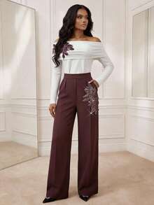 Playroots Quần ống rộng cạp cao Anewsta dành cho nữ, màu đỏ tía, trang trí hoa pha lê sang trọng, trang phục dự tiệc cưới/lễ hội thanh lịch mùa xuân/hè. - Màu tím - Xem 4