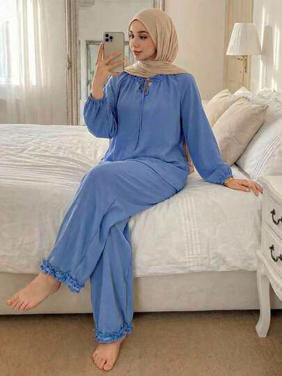 DAZY 纯色网纱荷叶边系领灯笼袖宽松女士睡衣套装