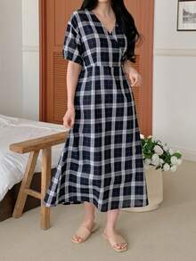 Summer Elegant Plaid Waist Cinching Dress, Japanese Style Loungewear - Navy Blue - View 8