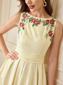 Vintamour Đầm nữ cổ điển thanh lịch, đầm xòe ôm sát cổ thuyền thêu họa tiết, màu vàng nhạt không tay, thích hợp cho mùa xuân/hè. - Màu vàng ngỗng - Xem 1