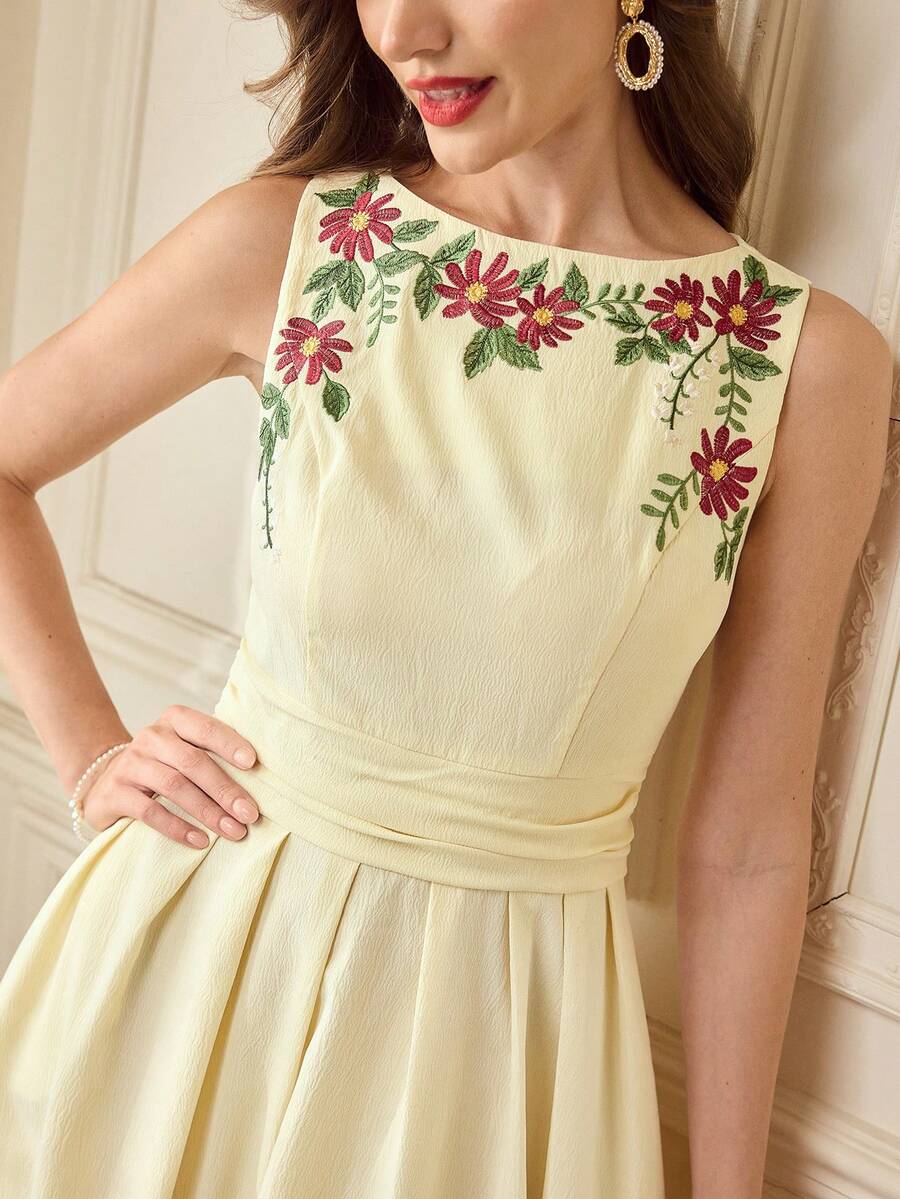 Vintamour Đầm nữ cổ điển thanh lịch, đầm xòe ôm sát cổ thuyền thêu họa tiết, màu vàng nhạt không tay, thích hợp cho mùa xuân/hè. - Màu vàng ngỗng - Xem 1