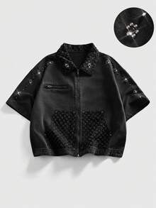 ROMWE MEN Street Life Men's Loose Fit Denim Jacket With Pearl Embellishment - Dark Grey - View 1