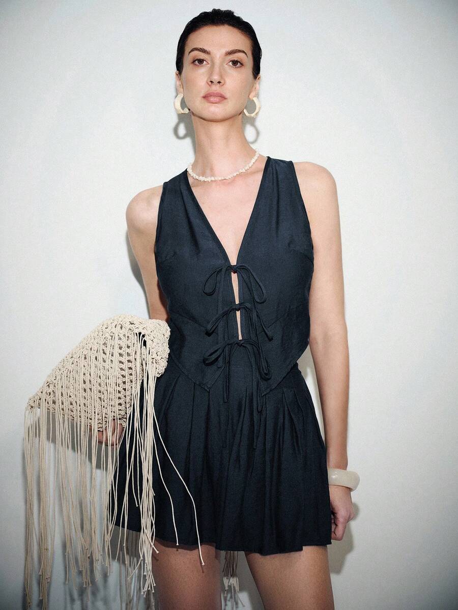 Lumivelle Women's 2-Piece Set, Denim Style Deep V-Neck Cropped Camisole With Tie Strap And A-Line Pleated Mini Skirt, Casual Street Chic Fashion For Daily, Holiday - Dark Green - View 1