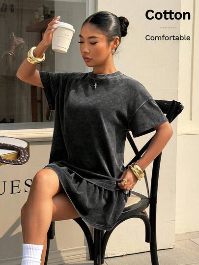 Muchica Summer    Black Knit Women's Round Neck Drop Shoulder Ruffle Hem Wash Dress