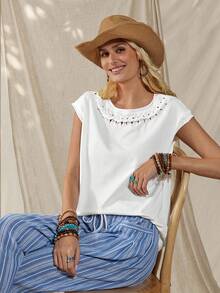 Lucid Casual T-Shirt With Round Neck And Batwing Sleeves - 白色的 - 查看 7
